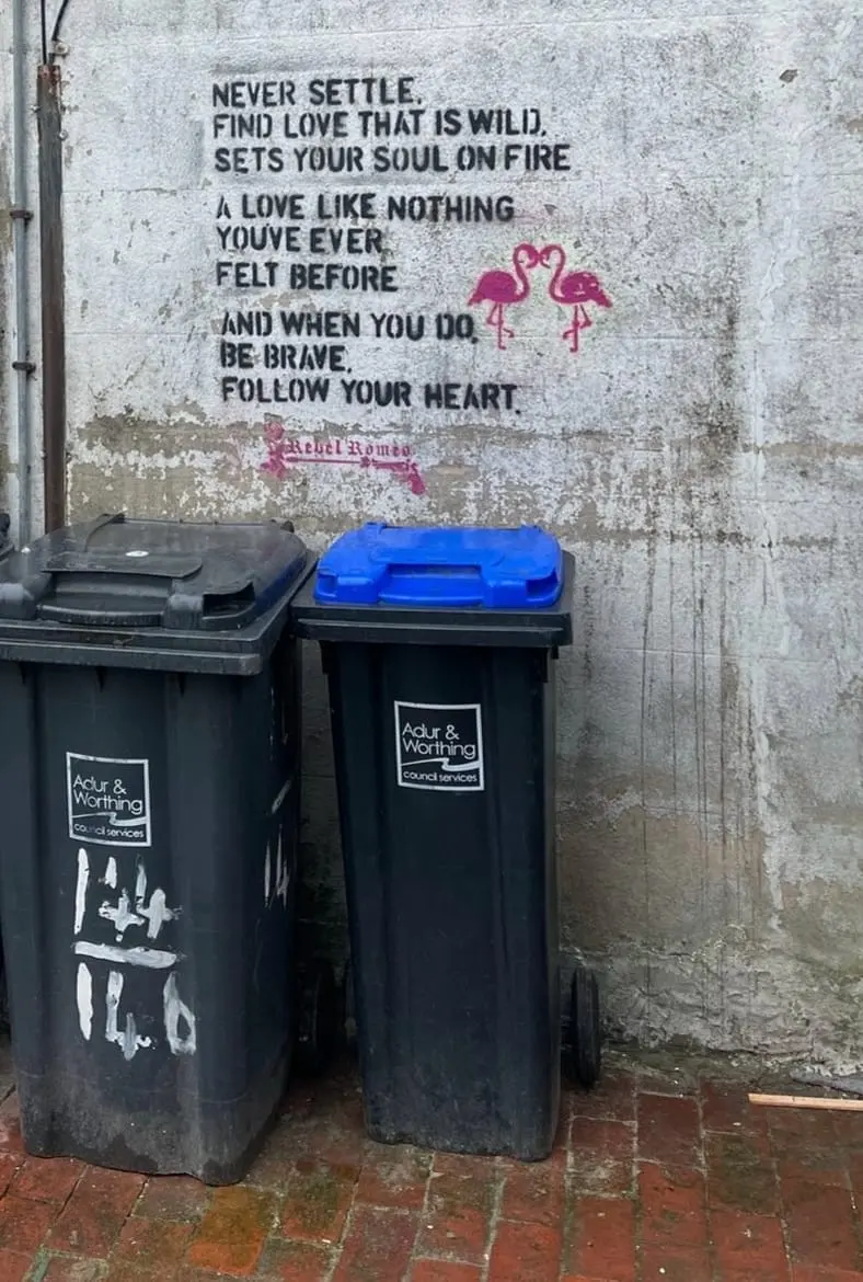 The original Never Settle stencil sprayed on a weathered white wall above two wheelie bins, Worthing