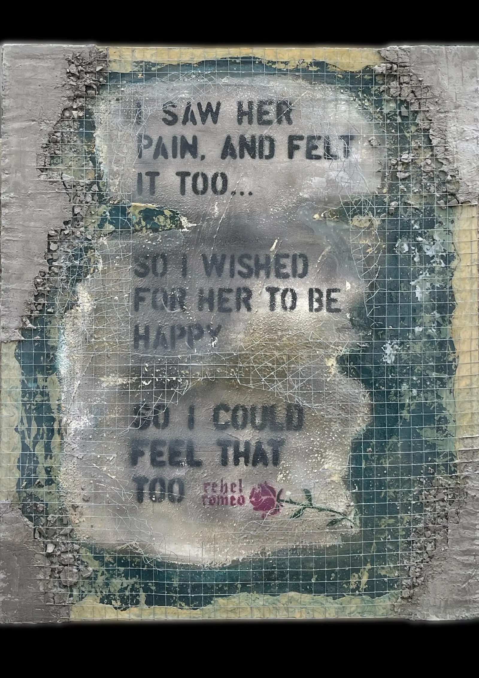 Reflections in the Rain — stencilled poem over blue-green washed textures and embedded steel mesh