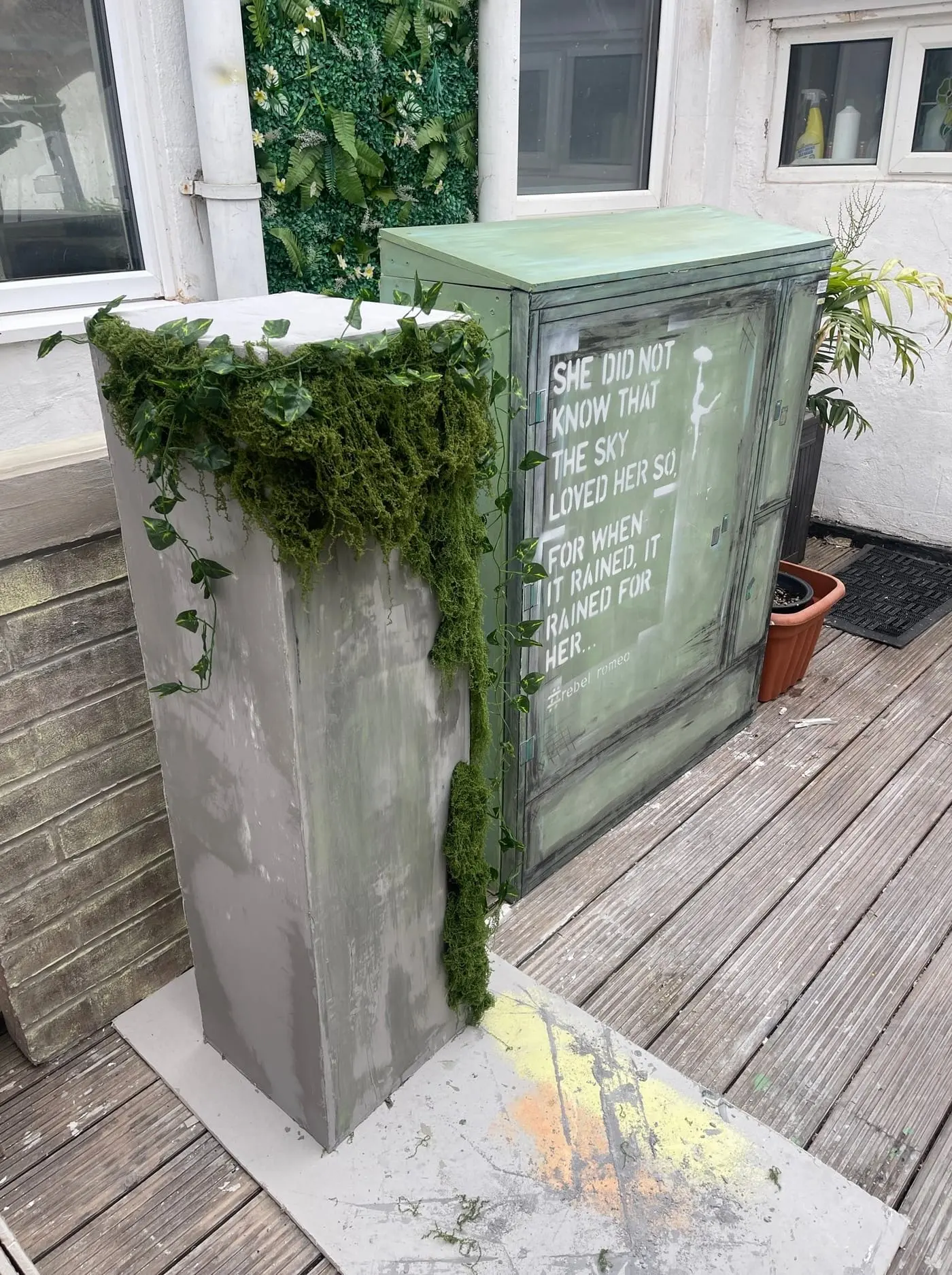 2024–2025 studio work — the She Did Not Know cabinet piece drying outdoors on decking
